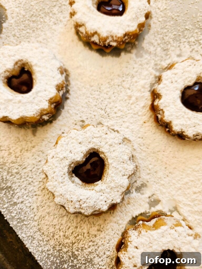 Single raspberry jam cut-out cookie on parchment with jam peek-through.
