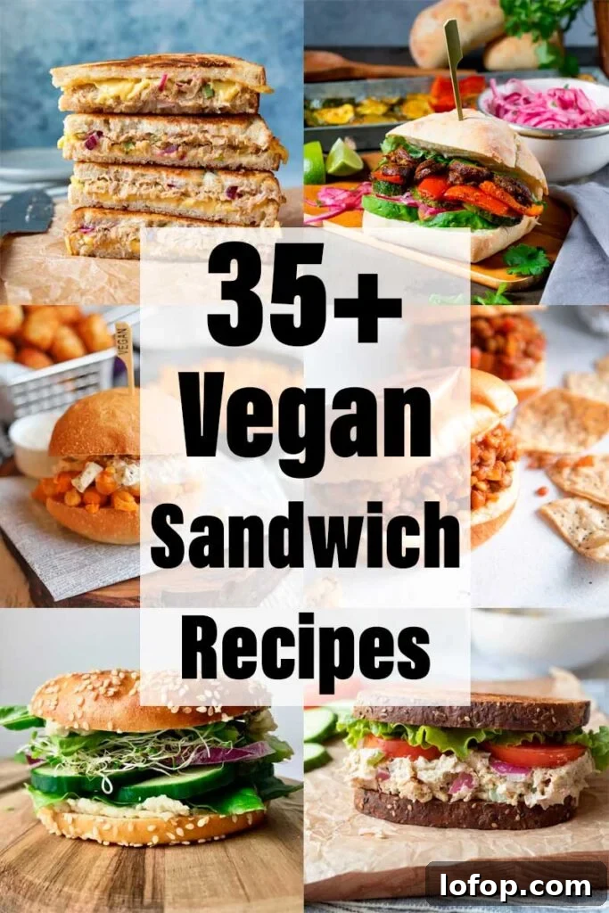 Collage of six sandwiches with text overlay stating 35+ vegan sandwich recipes