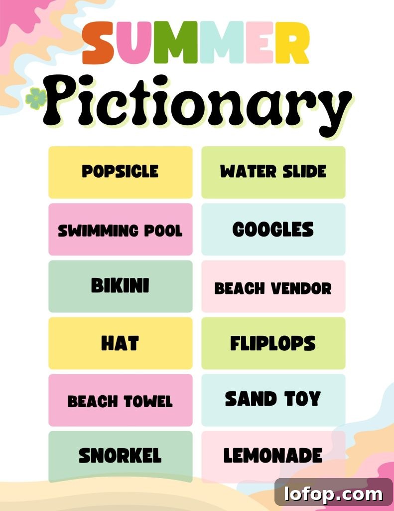 Free Printable Summer Pictionary Game for Parties 3 Players drawing and guessing in Pictionary
