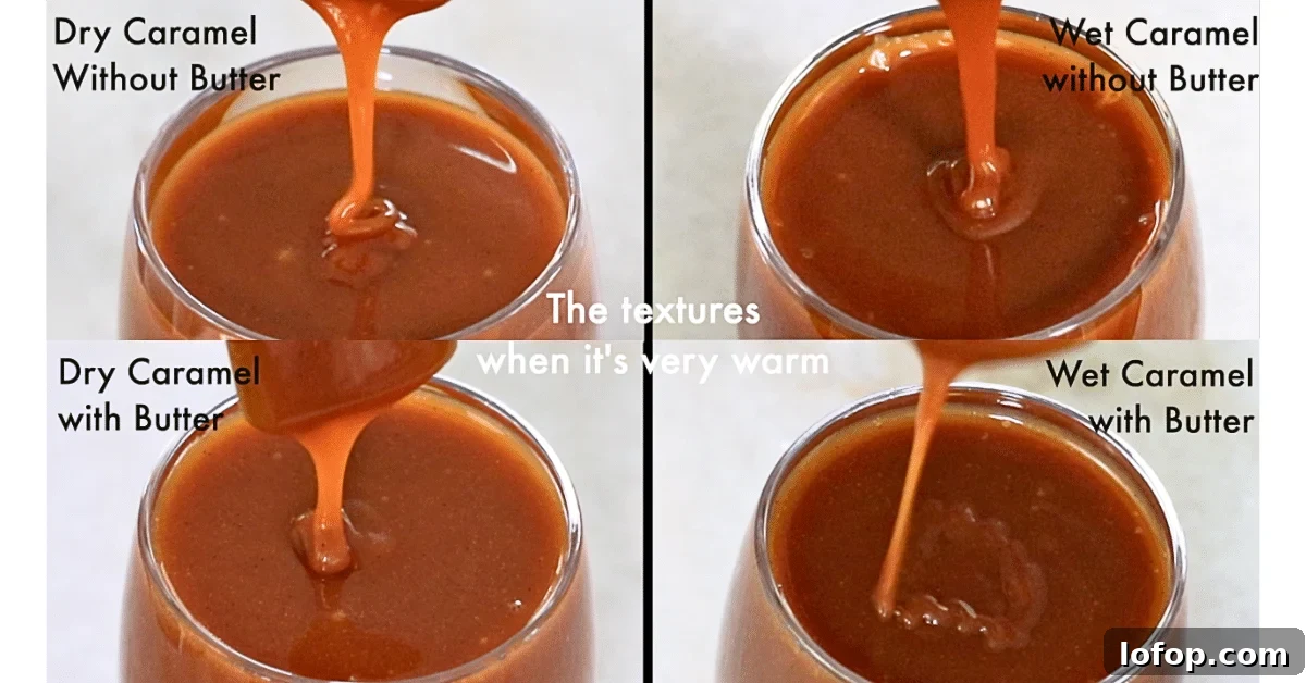 The comparisons of each caramel sauce when they are hot.