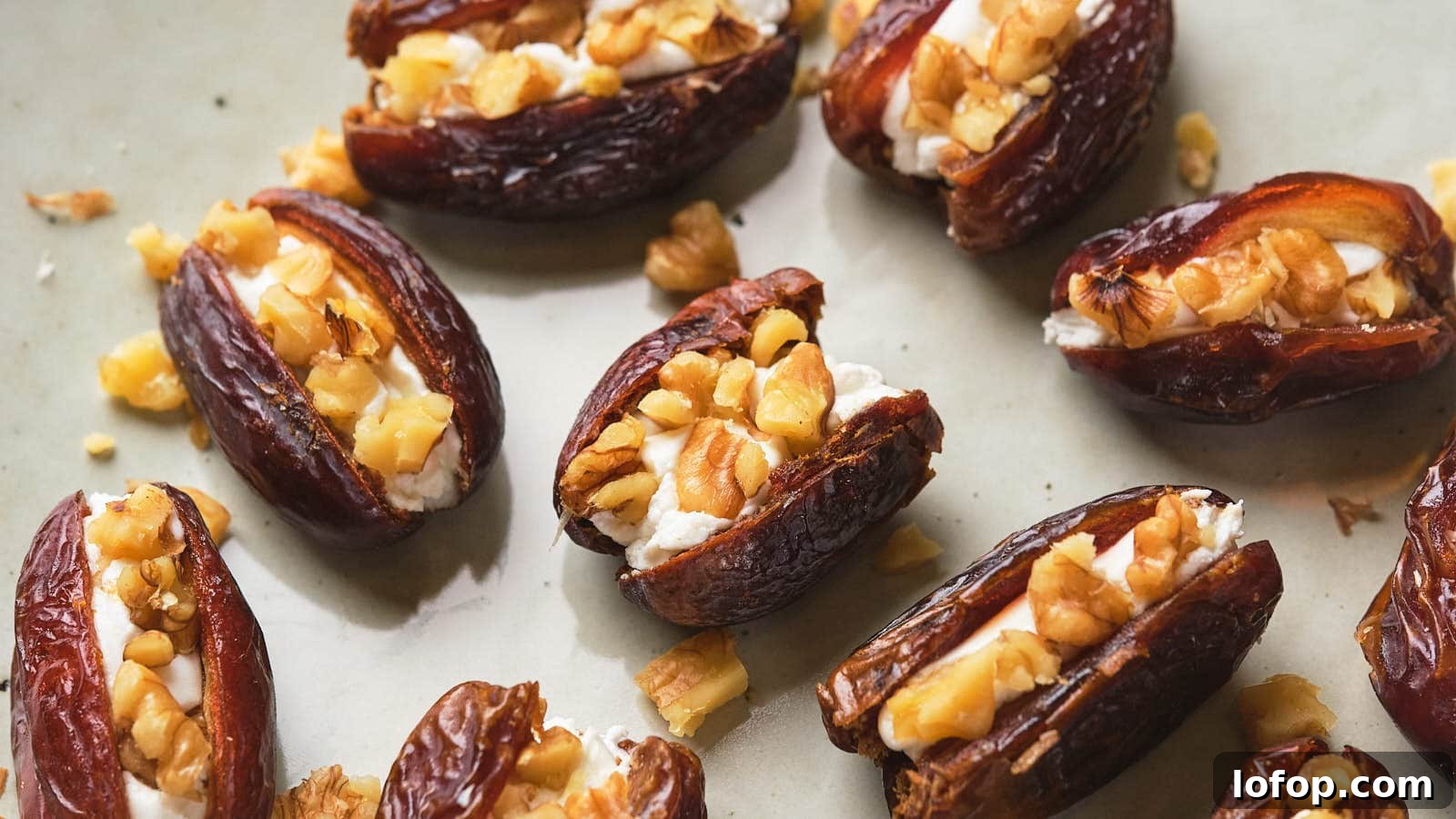 15 Decadent Low-Calorie Desserts That No One Will Suspect Are Light 12 Dates stuffed with goat cheese and chopped nuts displayed on a light surface.