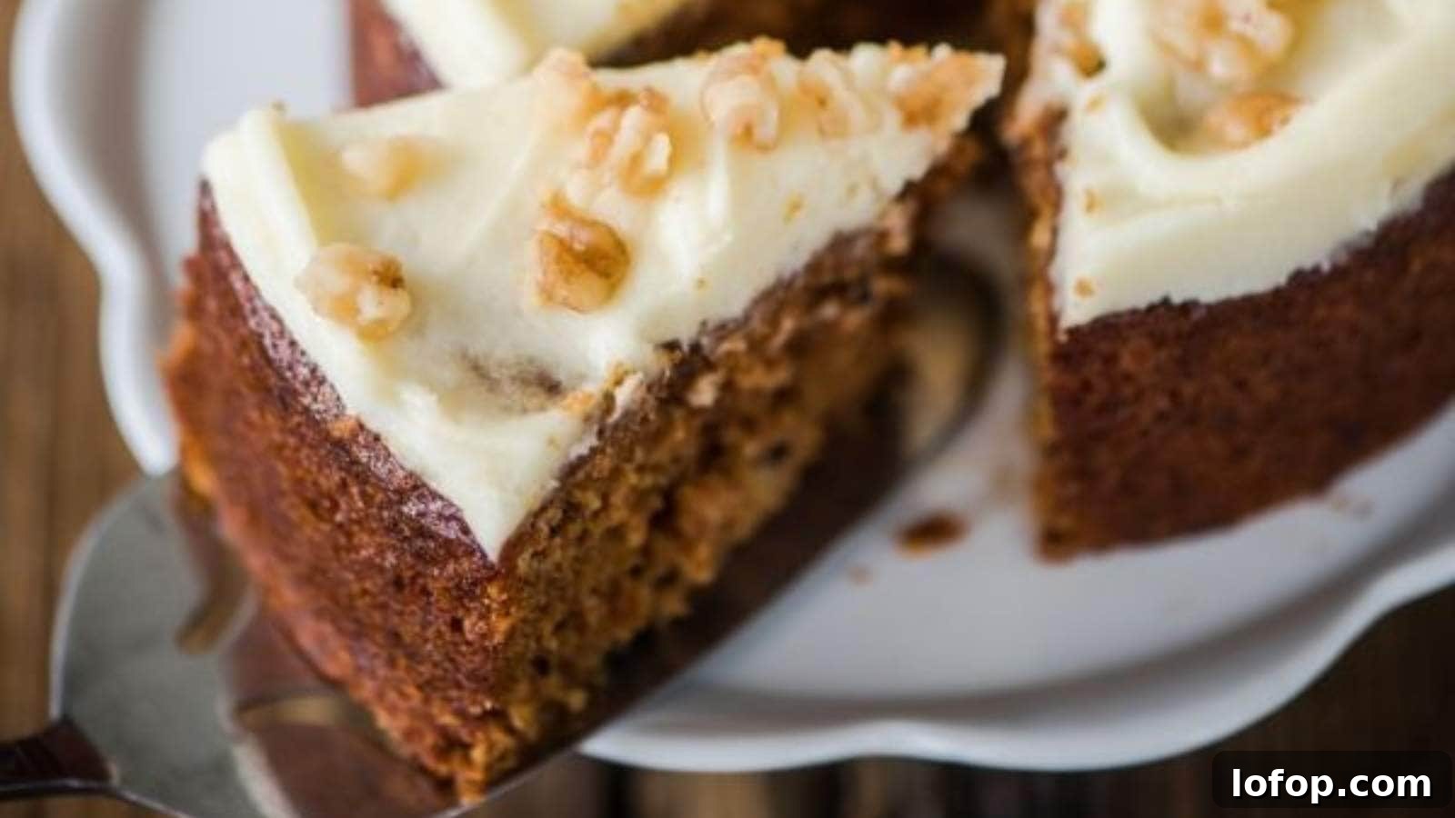 15 Decadent Low-Calorie Desserts That No One Will Suspect Are Light 15 One piece of carrot cake being pulled away from the rest of the cake with a silver spatula.