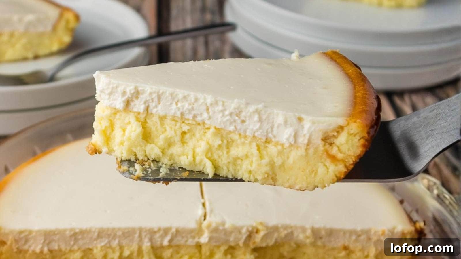 15 Decadent Low-Calorie Desserts That No One Will Suspect Are Light 4 A slice of cheesecake with a creamy topping being lifted from a whole cheesecake, with plates and a fork in the background.