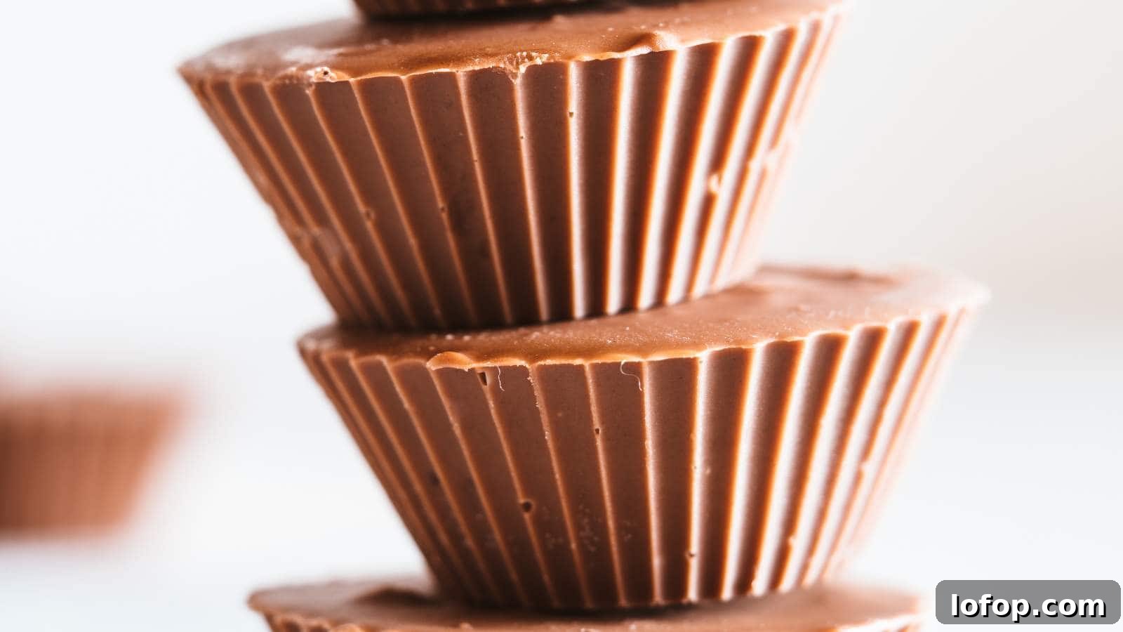 15 Decadent Low-Calorie Desserts That No One Will Suspect Are Light 8 Close up of a stack of peanut butter cups with blurred background.