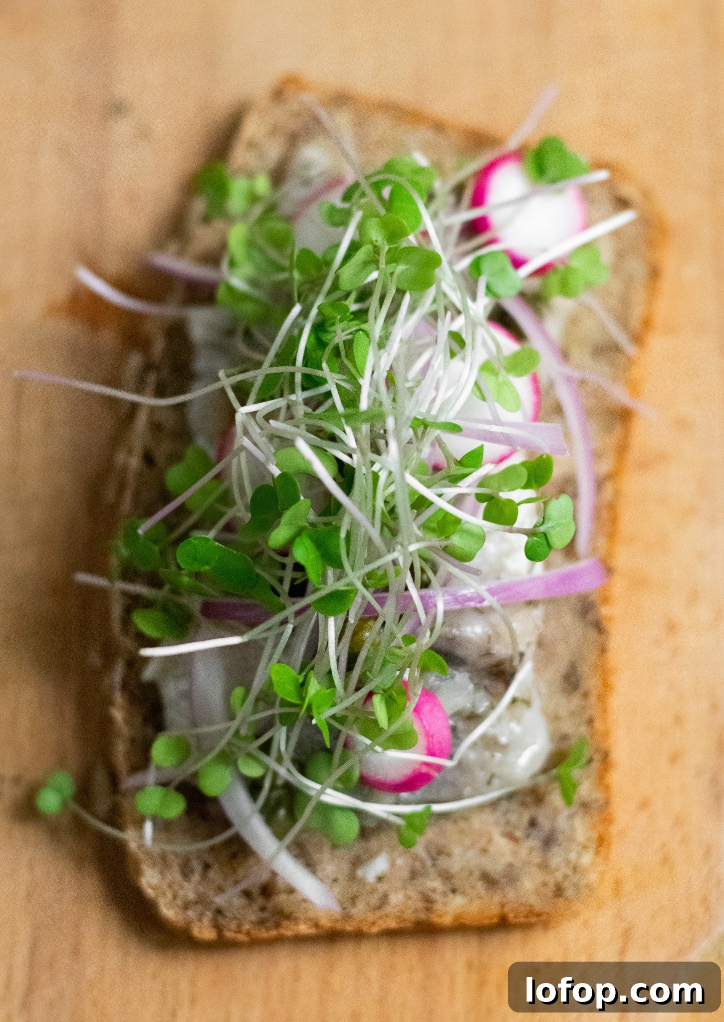 Smørrebrød: Traditional Danish Open-Faced Sandwich Recipes 12 A rye bread open faced sandwich topped with herring, onion, radish, and micro greens.