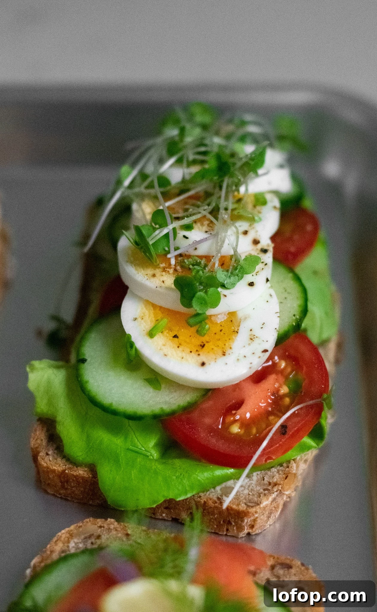 Smørrebrød: Traditional Danish Open-Faced Sandwich Recipes 3 A rye bread open faced sandwich topped with lettuce, tomato, cucumber, sliced egg, and micro greens.
