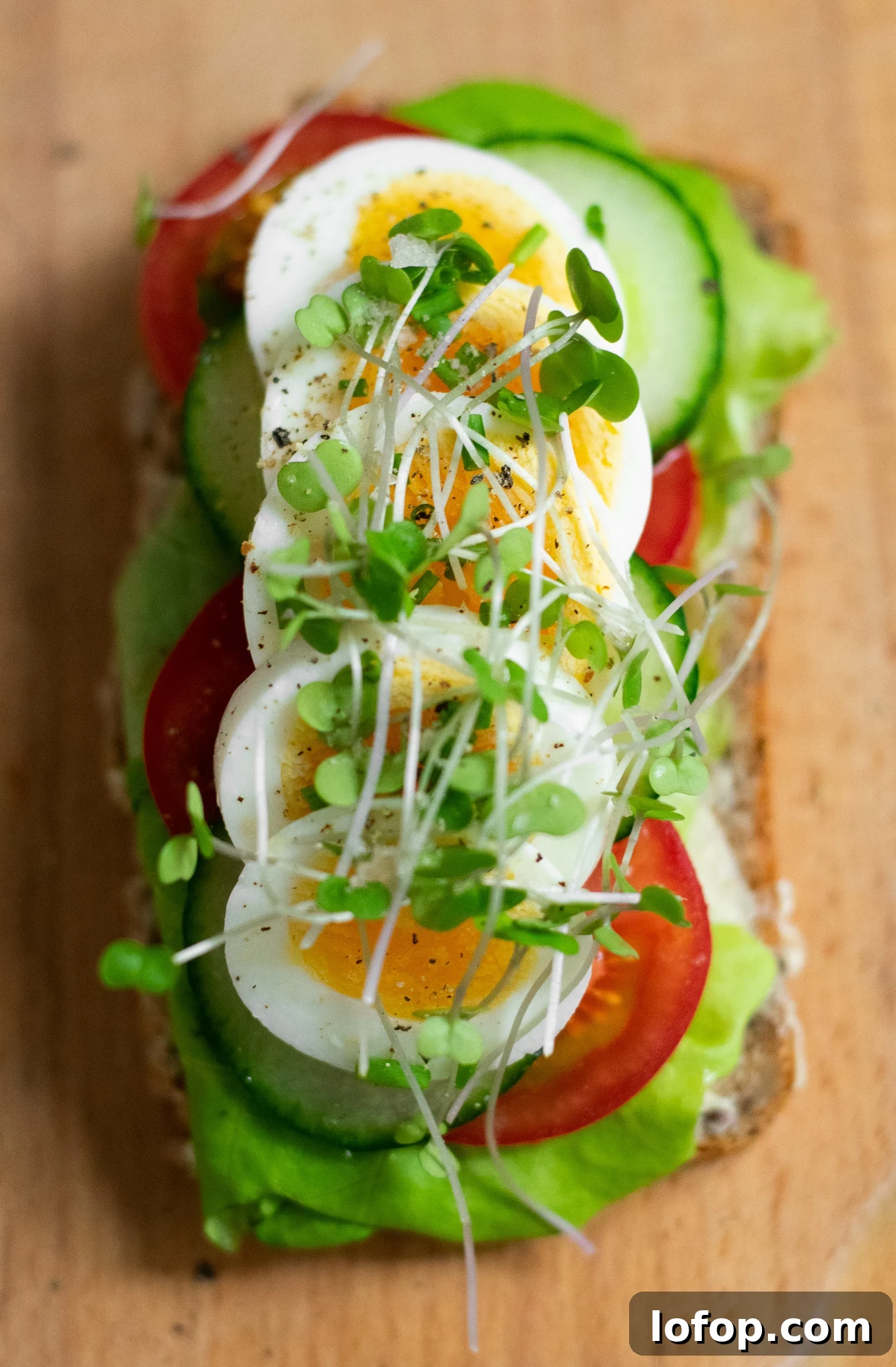 Smørrebrød: Traditional Danish Open-Faced Sandwich Recipes 26 A rye bread open faced sandwich topped with lettuce, tomato, cucumber, sliced egg, and micro greens.