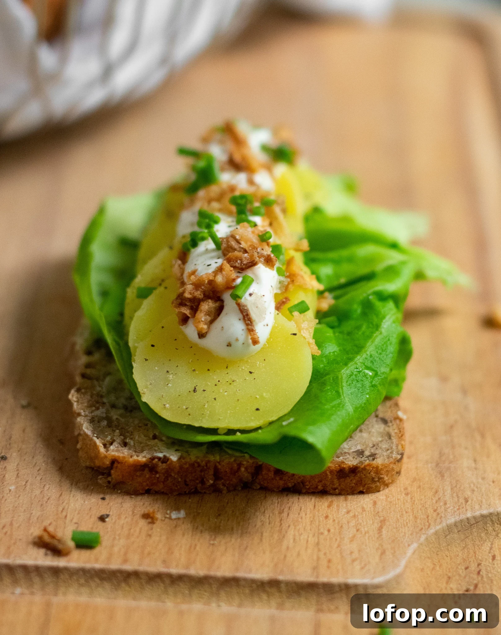 Smørrebrød: Traditional Danish Open-Faced Sandwich Recipes 27 A rye bread open faced sandwich topped with lettuce, potato, sour cream, chives, and fried onion.