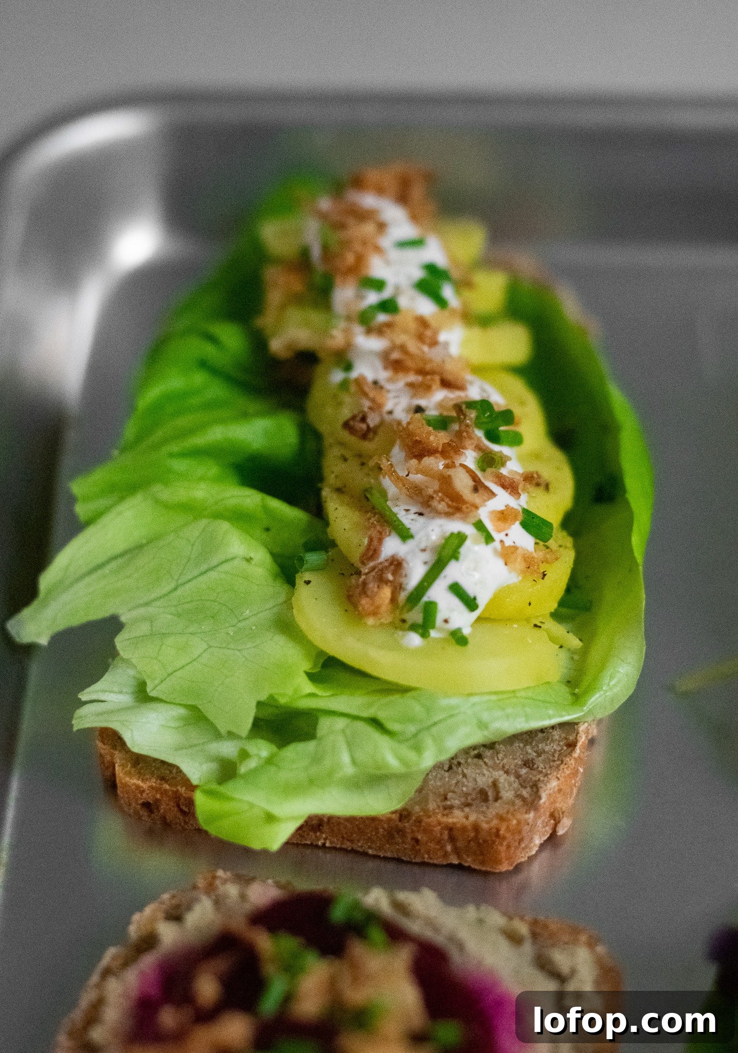 Smørrebrød: Traditional Danish Open-Faced Sandwich Recipes 5 A rye bread open faced sandwich topped with lettuce, potato, sour cream, chives, and fried onion.