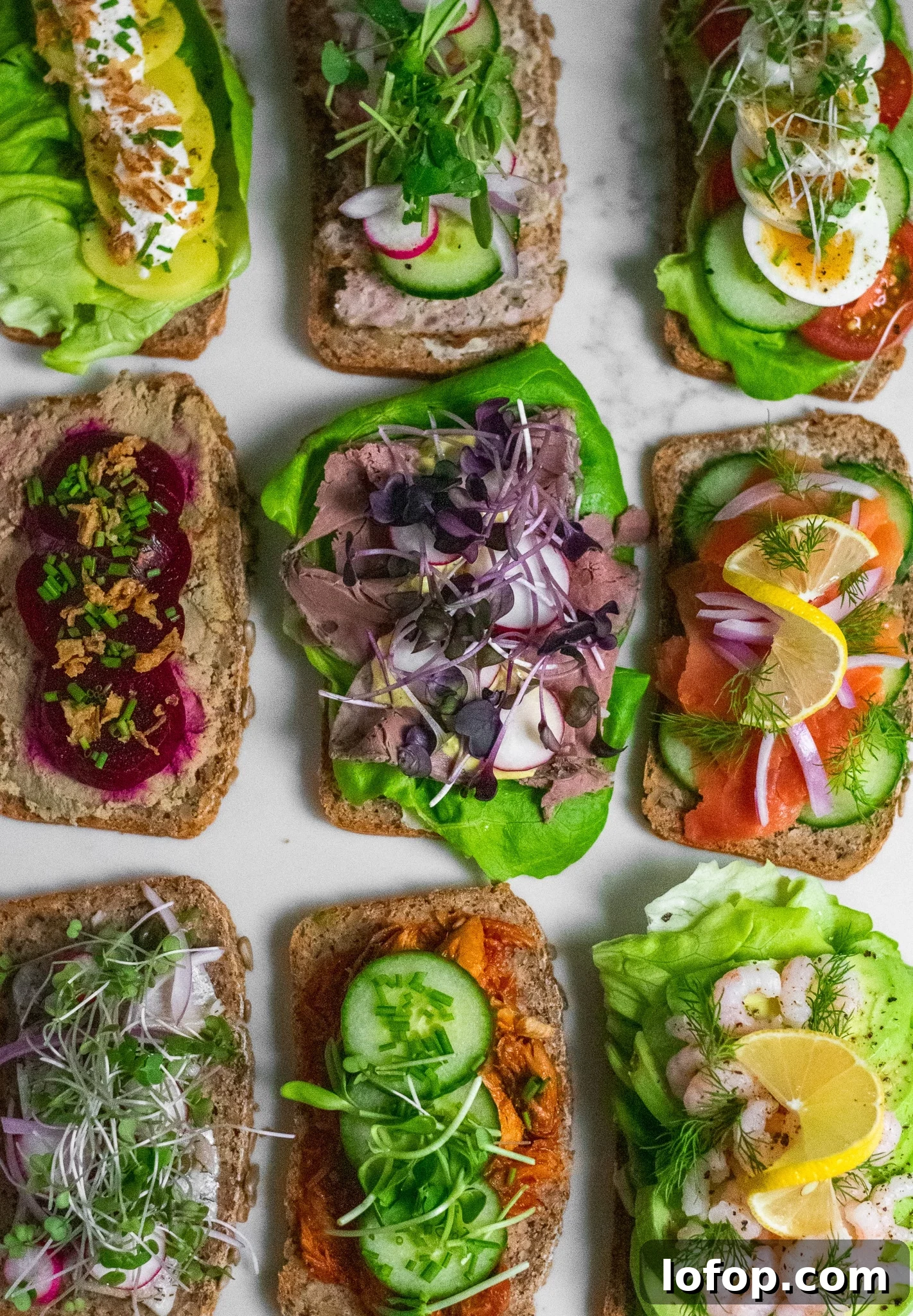 Smørrebrød: Traditional Danish Open-Faced Sandwich Recipes 9 A collection of danish open faced sandwiches.
