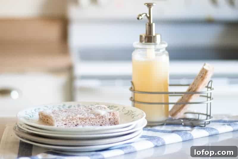 DIY Liquid Dish Soap Recipe for Sparkling Clean Dishes 6 dish soap sponge with DIY dish soap sitting on stack of white plates