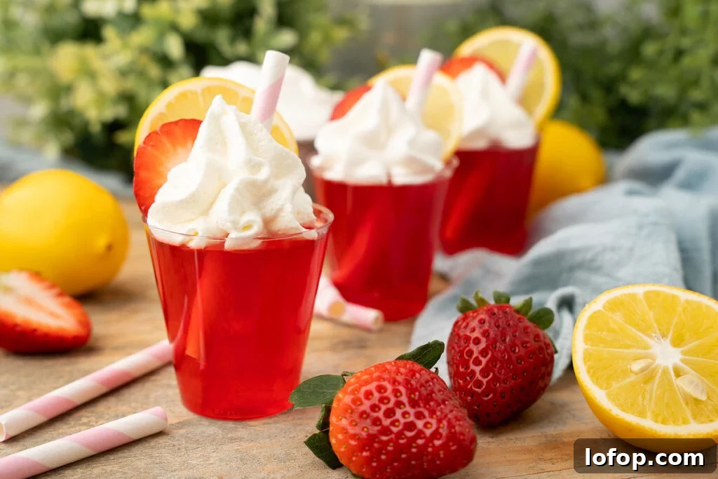 29 Jello Shot Recipes to Kick Off Any Party Night 2 Strawberry lemonade in a cup with lemons and strawberries, transformed into Strawberry Lemonade Vodka Jello Shots.