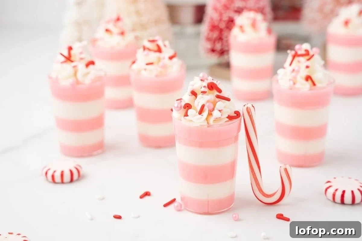 29 Jello Shot Recipes to Kick Off Any Party Night 11 A group of pink and white cups with candy canes in them, perfect for peppermint lovers.