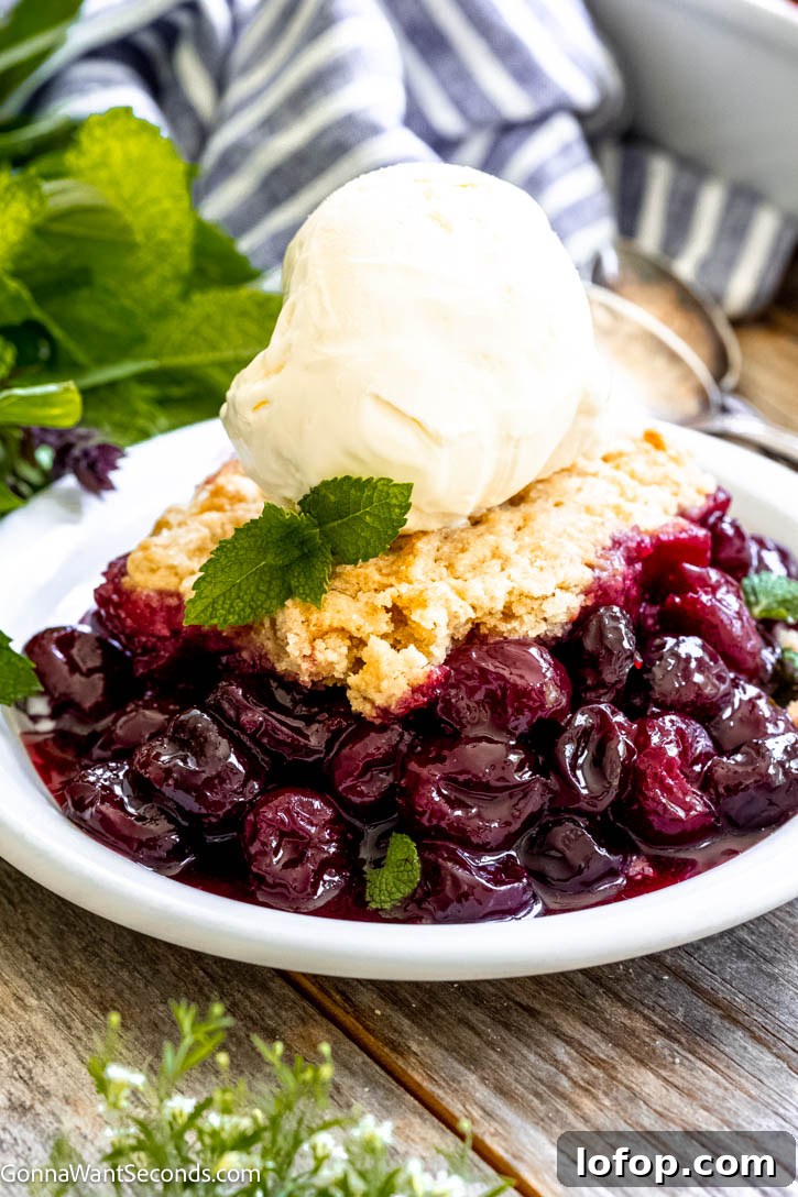 Our homemade cherry cobbler is made with sweet, juicy farm-ripened cherries, then topped with sugar-crusted, tender, cakey biscuits! #cherrycobbler #cobbler Our homemade cherry cobbler is made with sweet, juicy farm-ripened cherries, then topped with sugar-crusted, tender, cakey biscuits!