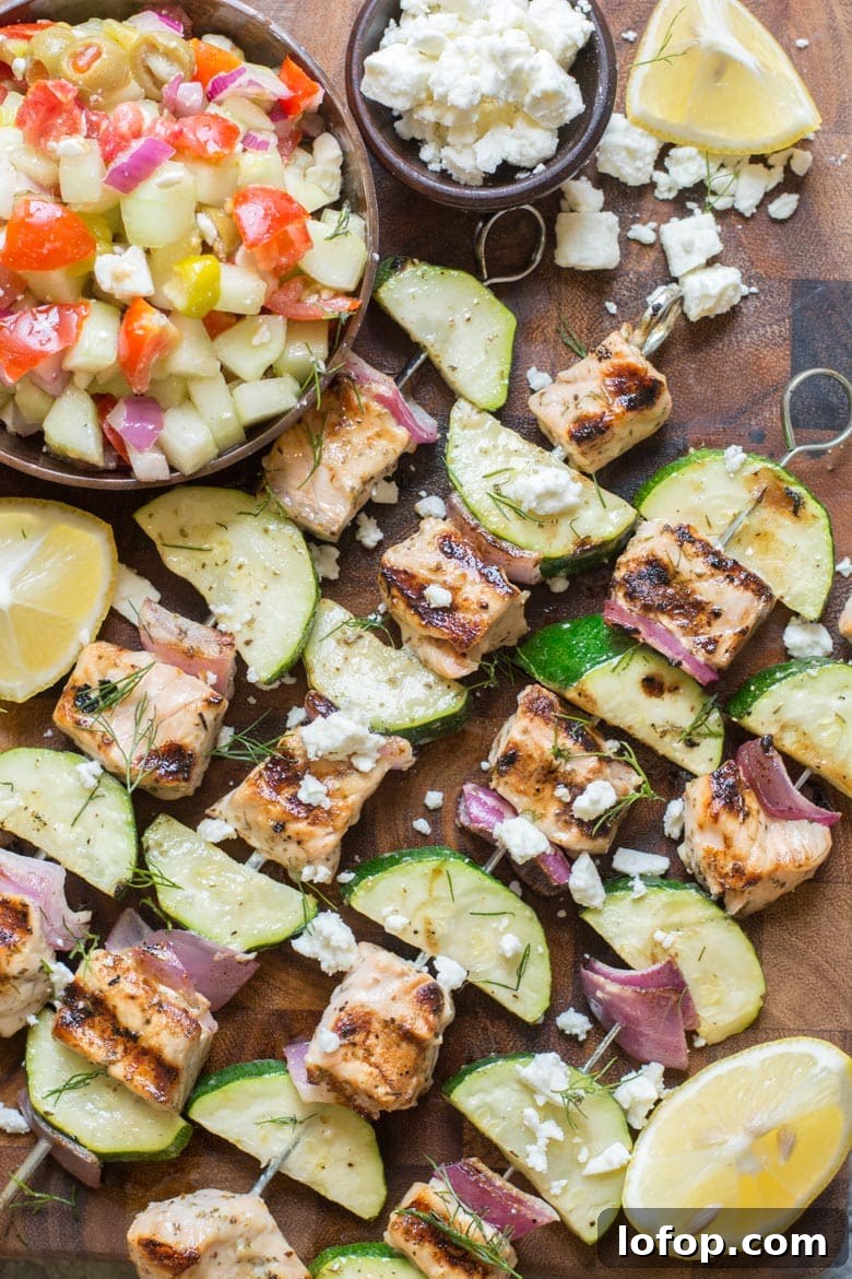 These Grilled Salmon Kabobs with Greek Marinade are loaded with lemon and garlic flavor!