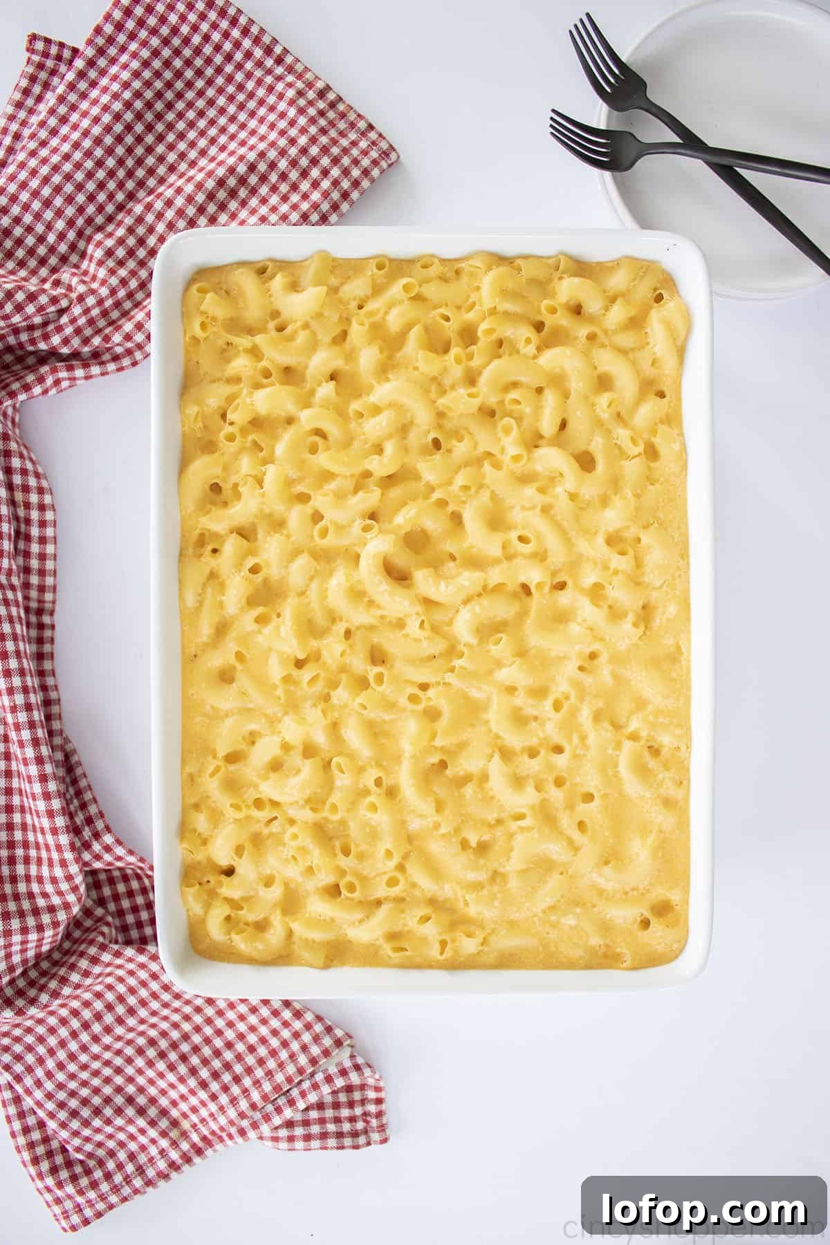 Stouffer's Mac and Cheese in a white casserole dish.