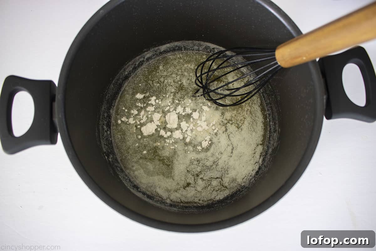 Flour added to melted butter.