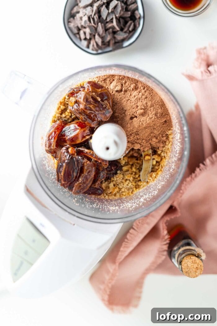 Vegan No-Bake Chocolate Brownies — Quick Raw Dessert Recipe 5 Cocoa powder, dates and walnuts in a food processor container.