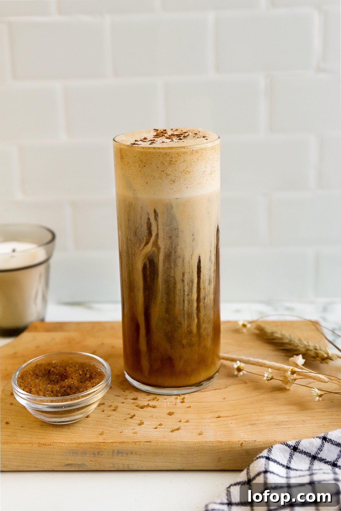 Starbucks Pumpkin Cream Cold Foam Recipe (Copycat) 3 side angle of coffee cold foam recipe in white kitchen